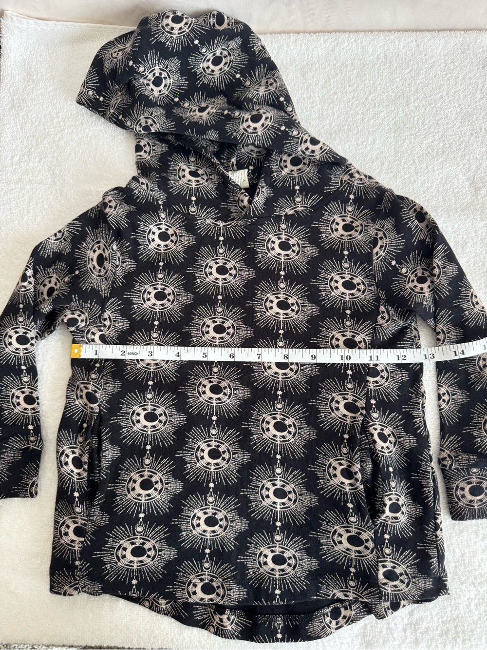 kate quinn Black Hoodie with Beige Solar Burst Print